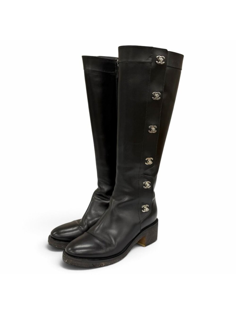 Chanel Vintage CC Logo Turnlock Leather Long Boots Black Silver IT